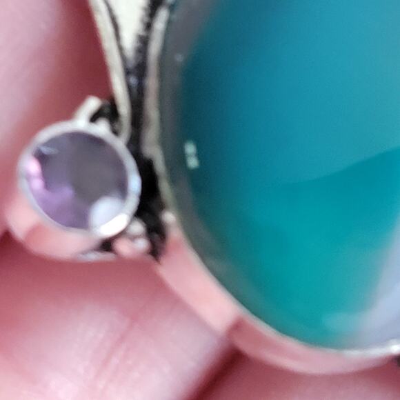 Blue Banded Agate, Shiva Eye Shell & Amethyst Pendant, Sterling Silver Necklace - Picture 10 of 10